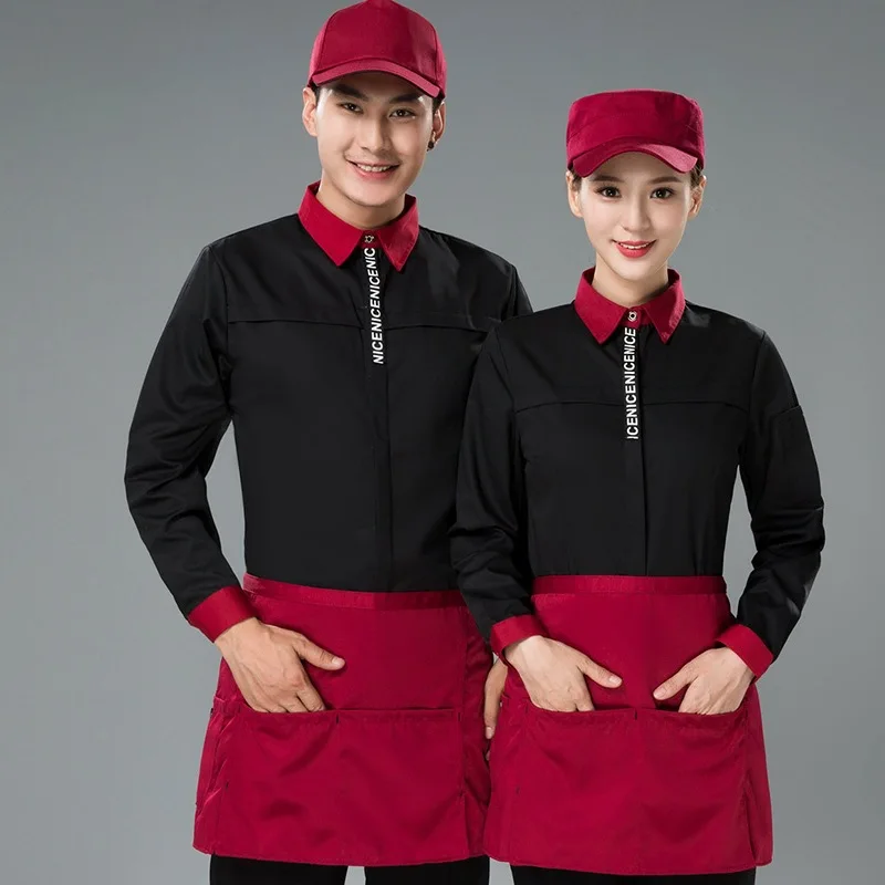 

Chinese Restaurant Staff Overalls Jacket Waitress Long-sleeved Female Uniform Hot Pot Hotel Catering Waiter Uniforms Shirt H2347