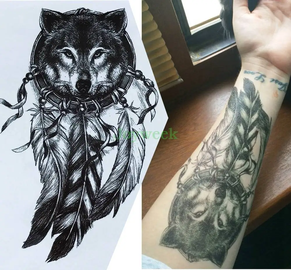 Водостойкая временная татуировка наклейка большого размера Ловец снов Волки Волк тату наклейка s флэш-тату поддельные татуировки для мужчин и женщин 7 - Цвет: Монохромный