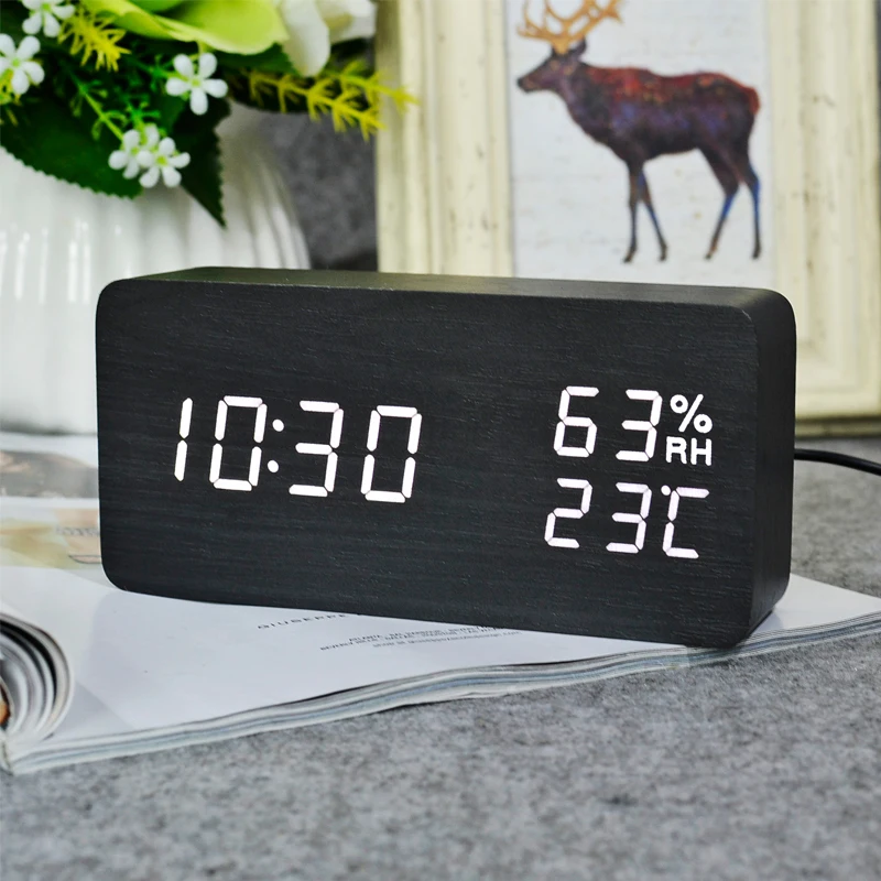 Деревянные светодиодные часы будильник FiBiSonic цифровые настольные Despertador с