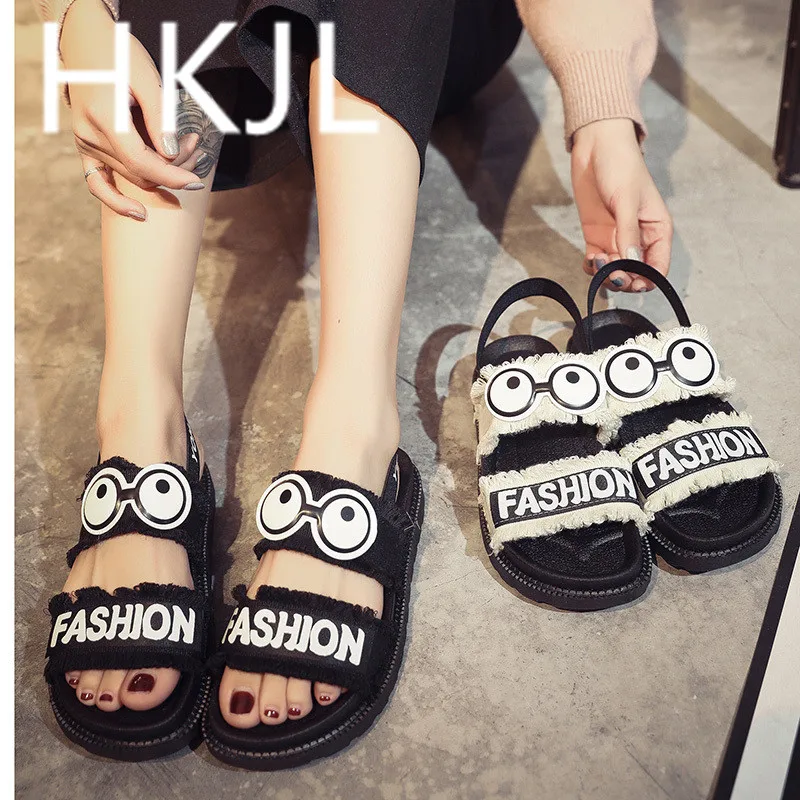 

HKJL Sandal woman 2019 summer alphabet cartoon eyes slip-resistant sponge cake with thick bottom student beach shoes A288