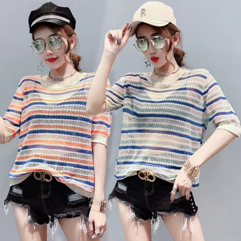 

2019 new Korean version Round neck fashionable women's t-shirts summer popular loose short-sleeved striped women's t-shirts