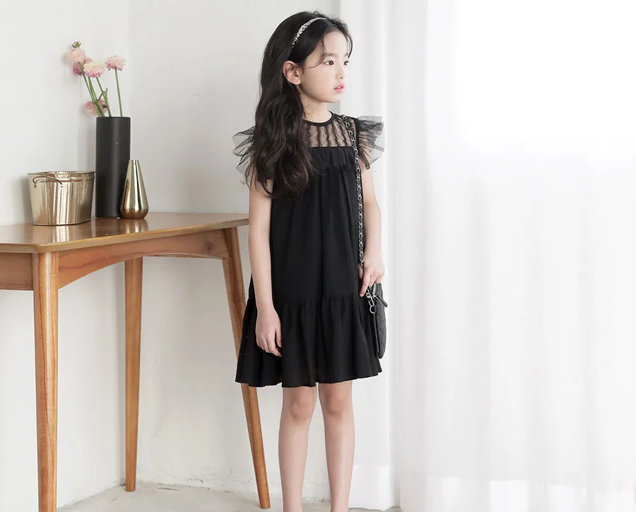 mesh patchwork girls party dress kids clothes black sleeveless ruched girls dresses 2018 summer infant dresses children clothing (5)