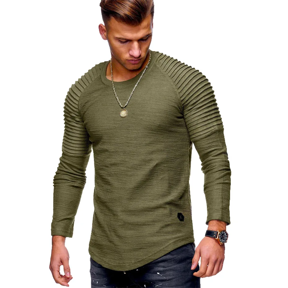 

Zogaa 2018 New Fashion Men's Round Neck Slim Solid Color Long-sleeved T-shirt Striped Fold Raglan Sleeve Style T shirt Tops Tees