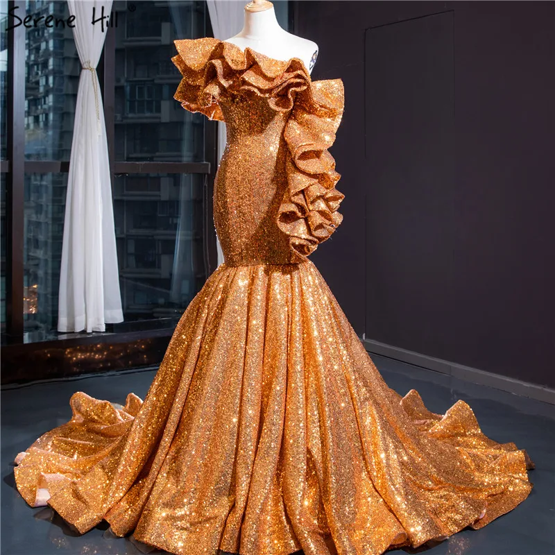 

Gold Sleeveless Sequined Sparkle Mermaid Wedding Dresses One Shoulder Sexy Design Bridal Gowns 2019 Real Picture HM66916