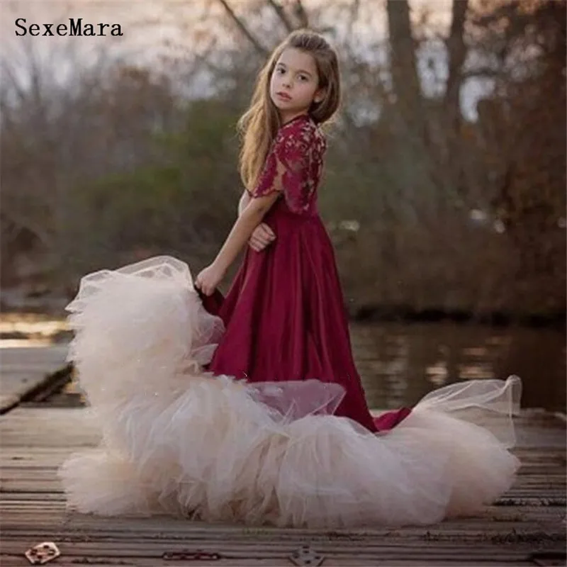 

Charming Flower Girl Dress A Line Red Lace Satin Princess Kids Pageant Prom Party Gown Birthday Dress Custom Made Size
