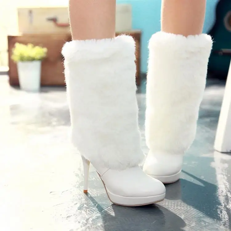 white fur high heel boots