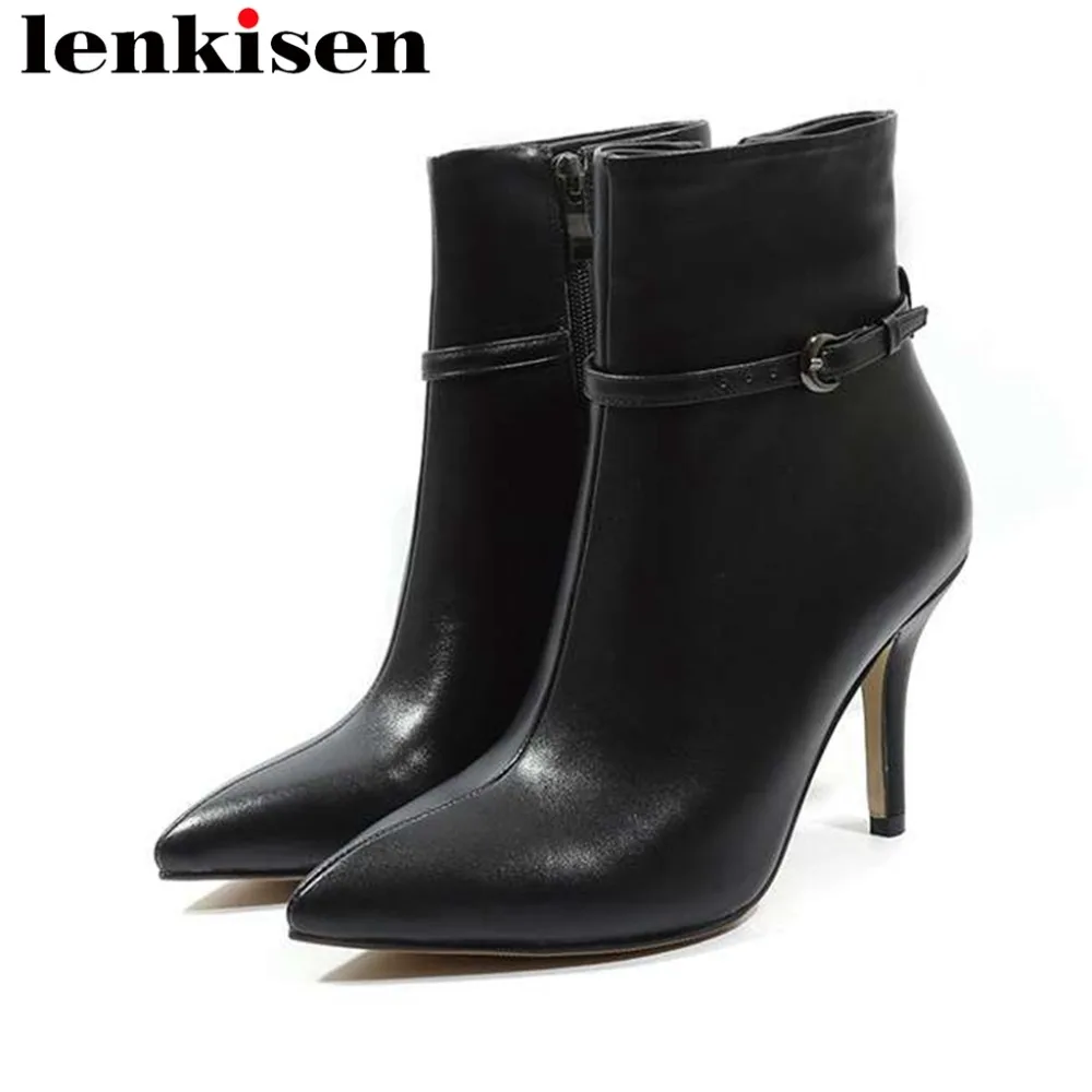 

Lenkisen real cow leather zipper super high stiletto heels buckle belt runway high fashion modern girls european ankle boots L18
