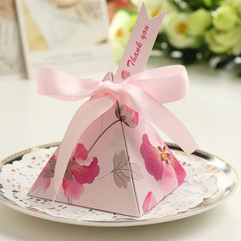 

100 x Double-faced Triangular Pyramid Floral Flower Wedding Favors Candy Boxes Gifts Box With "Thank You" Cards & Ribbons