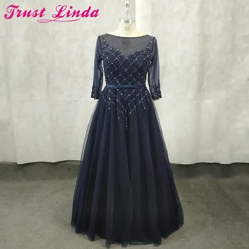 

Elegant Navy Blue Mother of The Bride Dresses Tulle See-Through Long Sleeves Sheer Neck Beaded Sequined Prom Gowns Party Dress