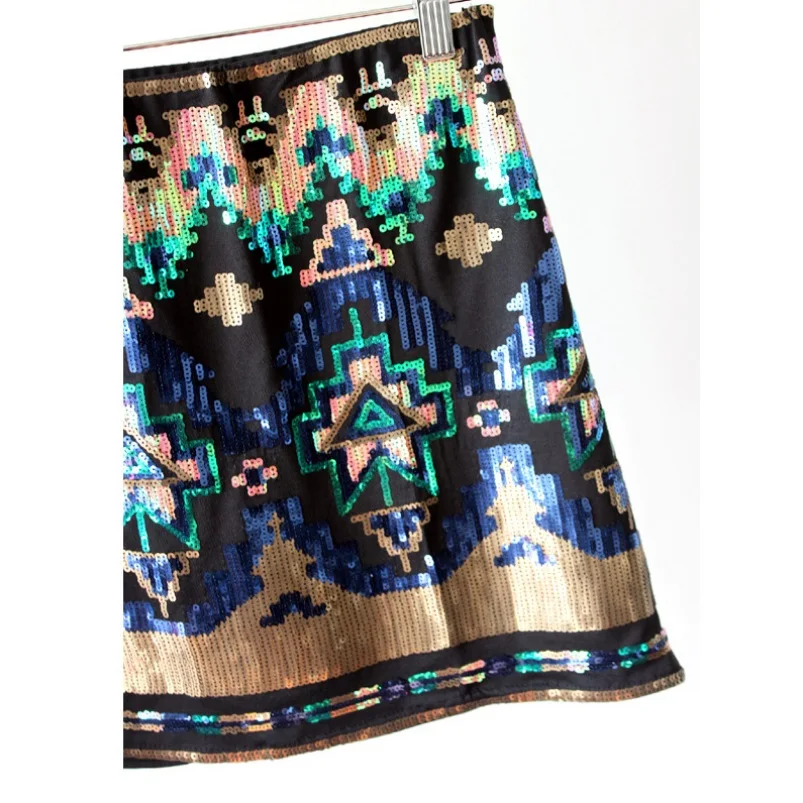 Винтаж эластичный пояс контрастного Цвет геометрический блестками линия мини-юбка Женская Мода 2 Цвета