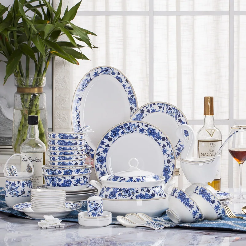 Ceramic Dinnerware Sets Wholesale Jingdezhen ceramic tableware 60 pcs Set blue hibiscus style tableware bowl dishes plate set Ceramic Dinnerware Sets Wholesale Jingdezhen ceramic tableware 60 pcs Set blue hibiscus style tableware bowl dishes plate set