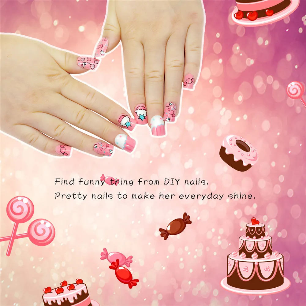 24 шт. детские яркие накладные ногти, Мультяшные накладные ногти, полное покрытие, розовые накладные ногти для маленьких девочек, 14 дизайнерских маникюрных инструментов
