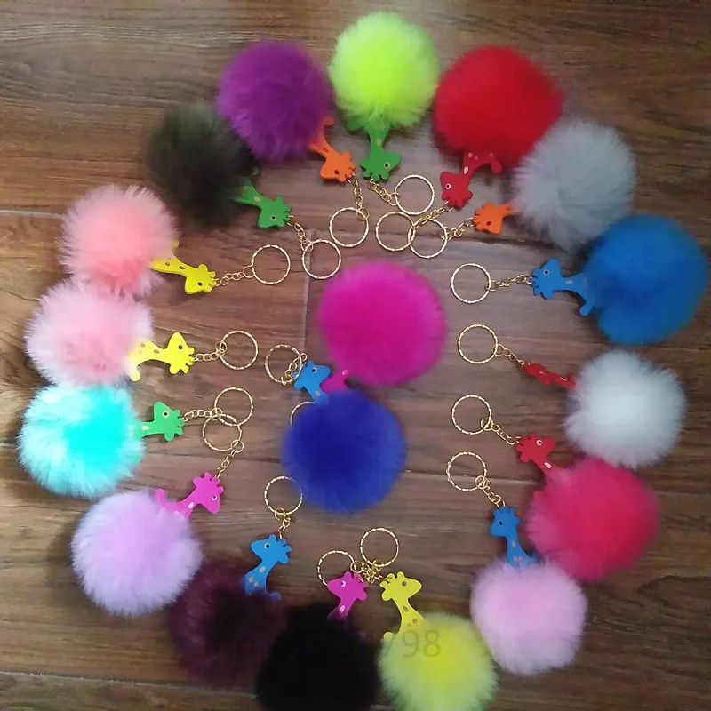 

1Dozen19 Colors Fake Fur Pompon Keychain Giraffe Key Chain Cute Fluffy Fur Ball Pendant Car Keyring Charms Handmade Crafts Gifts
