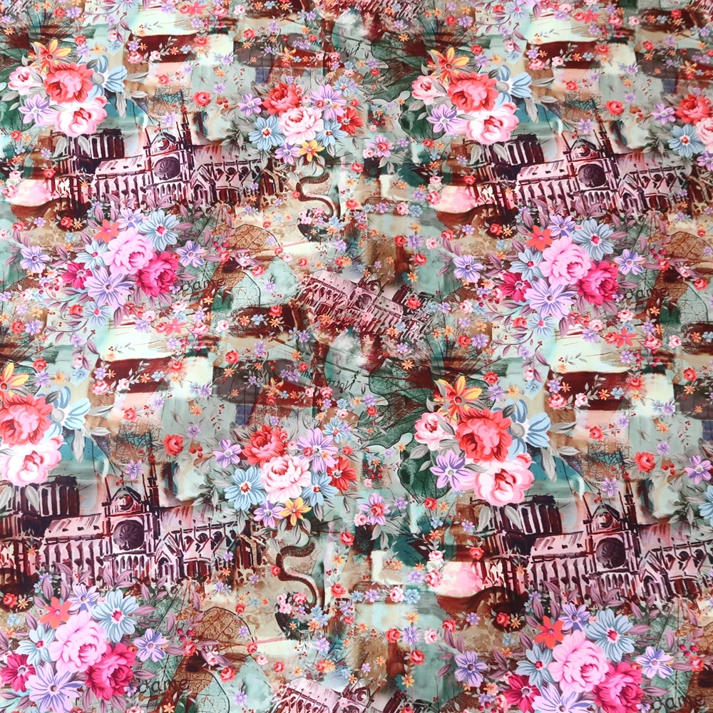 

50cm Fashion retro flowers printed peach skin fabrics for sewing dresses shirts cheongsam clothing fabrics