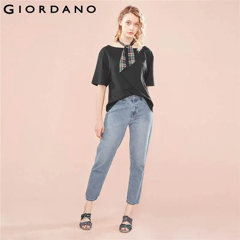 Giordano Для женщин футболка с вырезом лодочка Рубашка короткими рукавами свободный