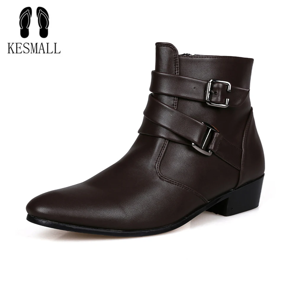 

KESMALL 2019 Spring Men Ankle Casual Shoes Pointed Toe Chelsea Buckle Boots Leisure Shoes Mens Leather Shoes