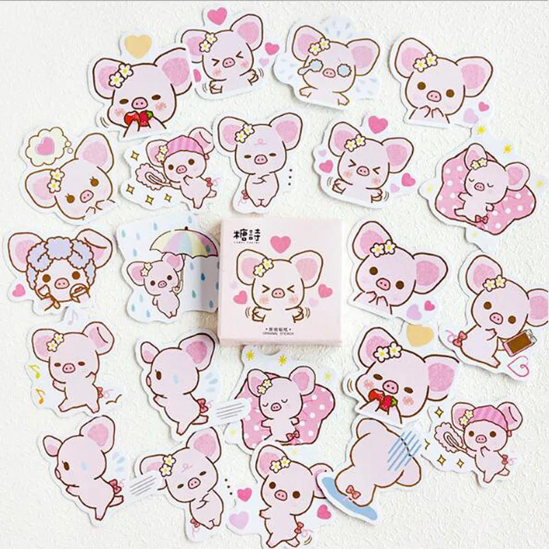 45Pcsbox Kawaii Powder Pink Pig Decoration Paper Sticker Diy Scrapbook Notebook Album Stationery Girl Stickers huismerk kopen in de aanbieding