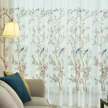 

New Hand-painted Scenery Voile Curtains For Living Room Flowers Bird Window Tulle For Bedroom Yarns Curtain 1pc