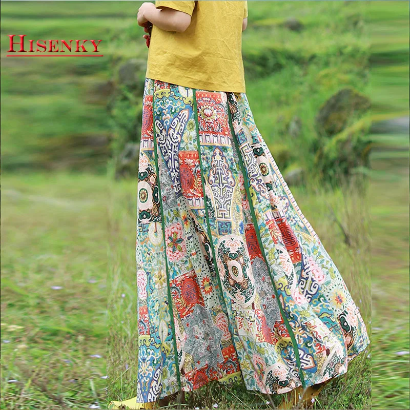 

Hisenky 2019 Summer Women Skirt Elastic High Waist A-Line Long Skirts Floral Printing Bohemian Maxi Enthnic Skirts Big Hem