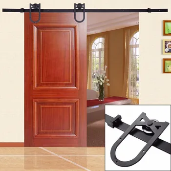 

4-8.2FT Black American Antique Horseshoe Barn Wood Sliding Door Hardware Track Set Kit
