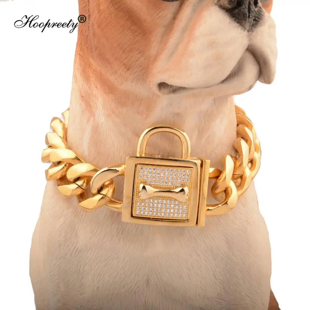 

19mm Golden Lock Stainless Steel Pet Dog Collar Apparels Metal Durable Puppy Dog Cat Gold Silver Collar Training Necklaces 10A