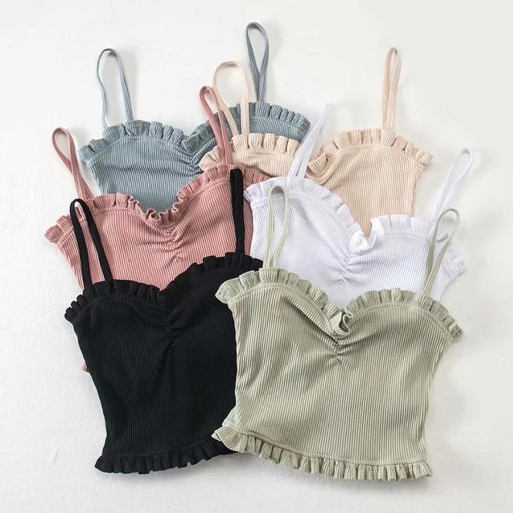 

ANSFX Sexy Knitted Camis Ruffles Wood Ears Thread Elasticity Spaghetti Strap Tight Slim Backless Undershirt Crop Tops 6 Colors