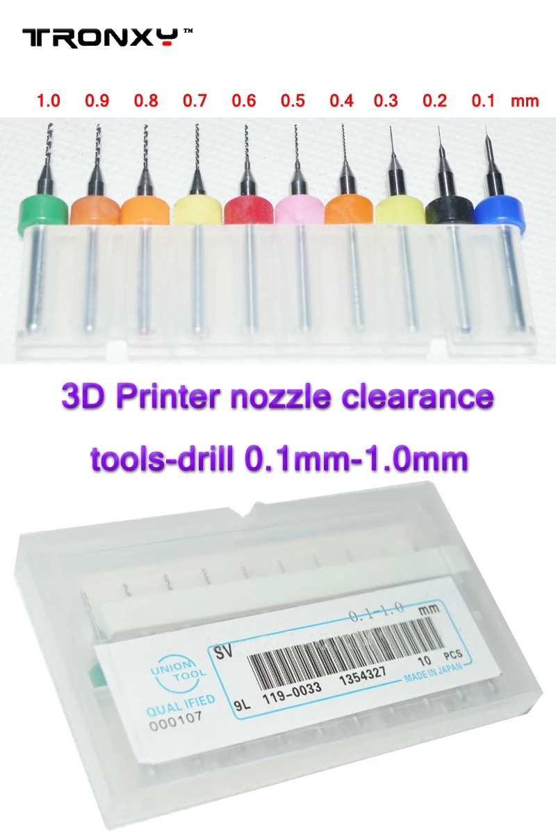 

Tronxy 3D printer parts nozzle clearance tools 10pcs/lot prusa i3 imprimante 3d accessories 0.1mm-1.0mm block clear up drill