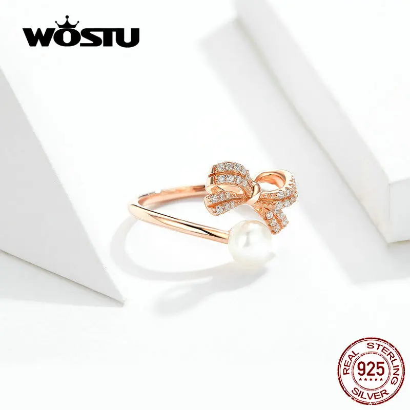 WOSTU кольца с бантом и жемчугом, 925 пробы, серебро, розовое золото, циркон, модное регулируемое кольцо для женщин, свадебные ювелирные изделия CQR552