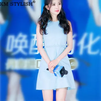 

2019 Summer New Simple Temperament Celebrity Round Neck Sleeveless Waist Solid Sky Blue Color One-piece Dress
