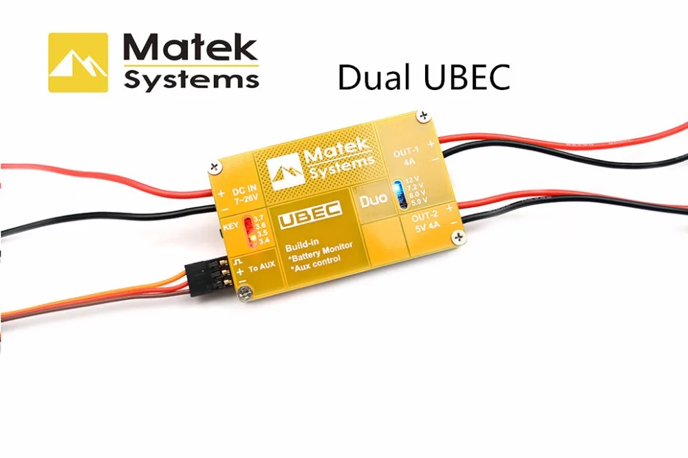 

Matek UBEC U4A2P Dualway 4A 5 ~ 12V Built-in Battery Monitor Aux Control For RC Quadcopter Multicopter