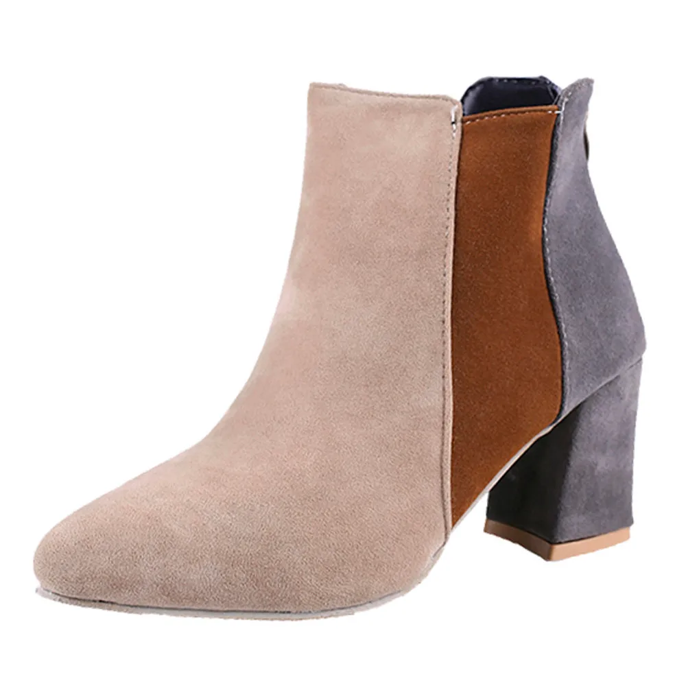 

2018 Women Boots Flock Ankle Boots Pointed Toe Winter Women Boots Ladies Party Western Mixed Color Boots Big Size 34-43