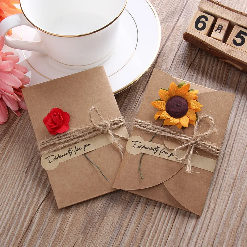 6 шт./лот DIY крафт-бумага Пригласительные открытки с конвертом ручной работы сухой цветок свадебные приглашения конверты Размер L