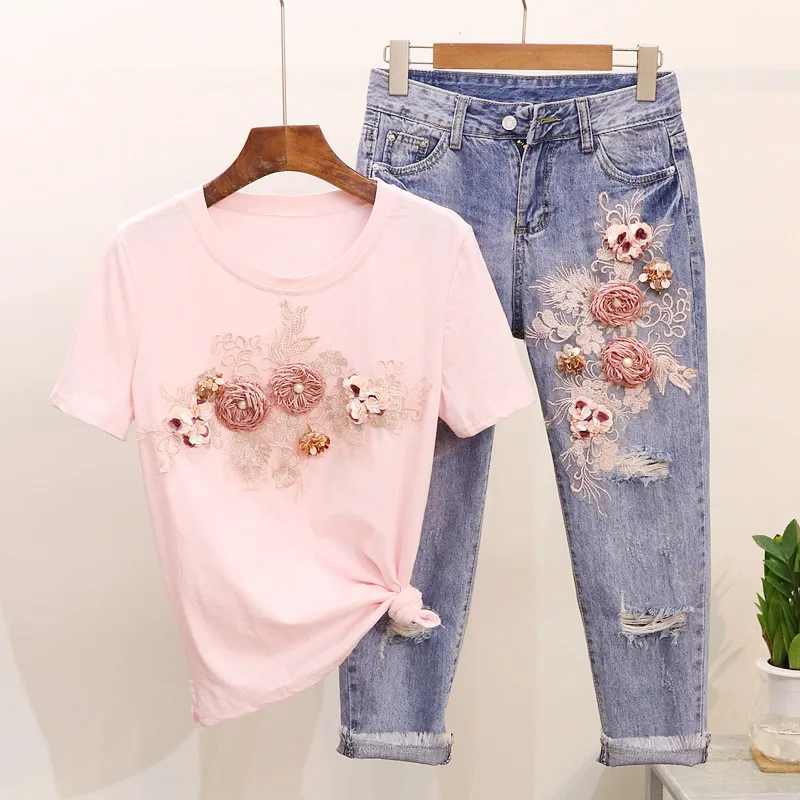 Summer Women Set Fashion Embroidery Sequins 3D Flower Short Sleeve T-shirt Holes Jeans Two Piece Spring Casual Ladies Suit | Женская