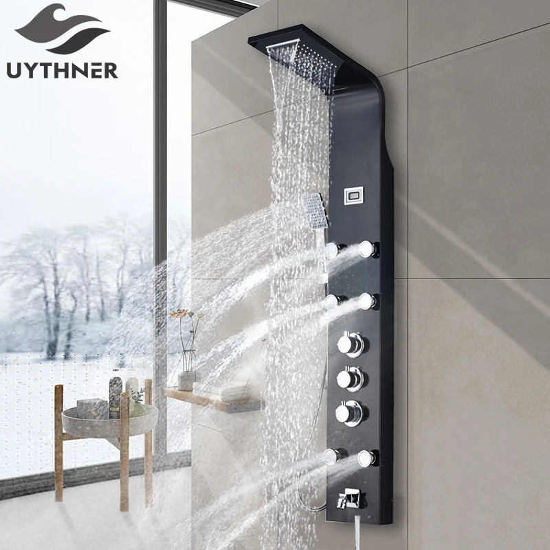 Uythner Thermostatic Black Bathroom Shower Faucet Shower Panel Column