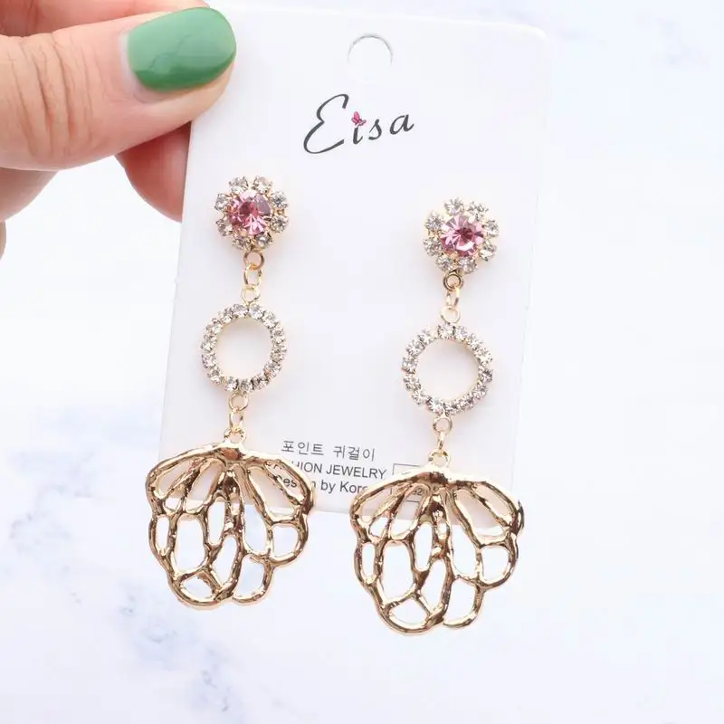 

MENGJIQIAO 2018 New Korean Vintage Big Metal Flower Long Drop Earrings For Women Rhinestone Circle Temperament Fashion Oorbellen