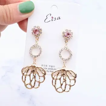 

MENGJIQIAO 2018 New Korean Vintage Big Metal Flower Long Drop Earrings For Women Rhinestone Circle Temperament Fashion Oorbellen