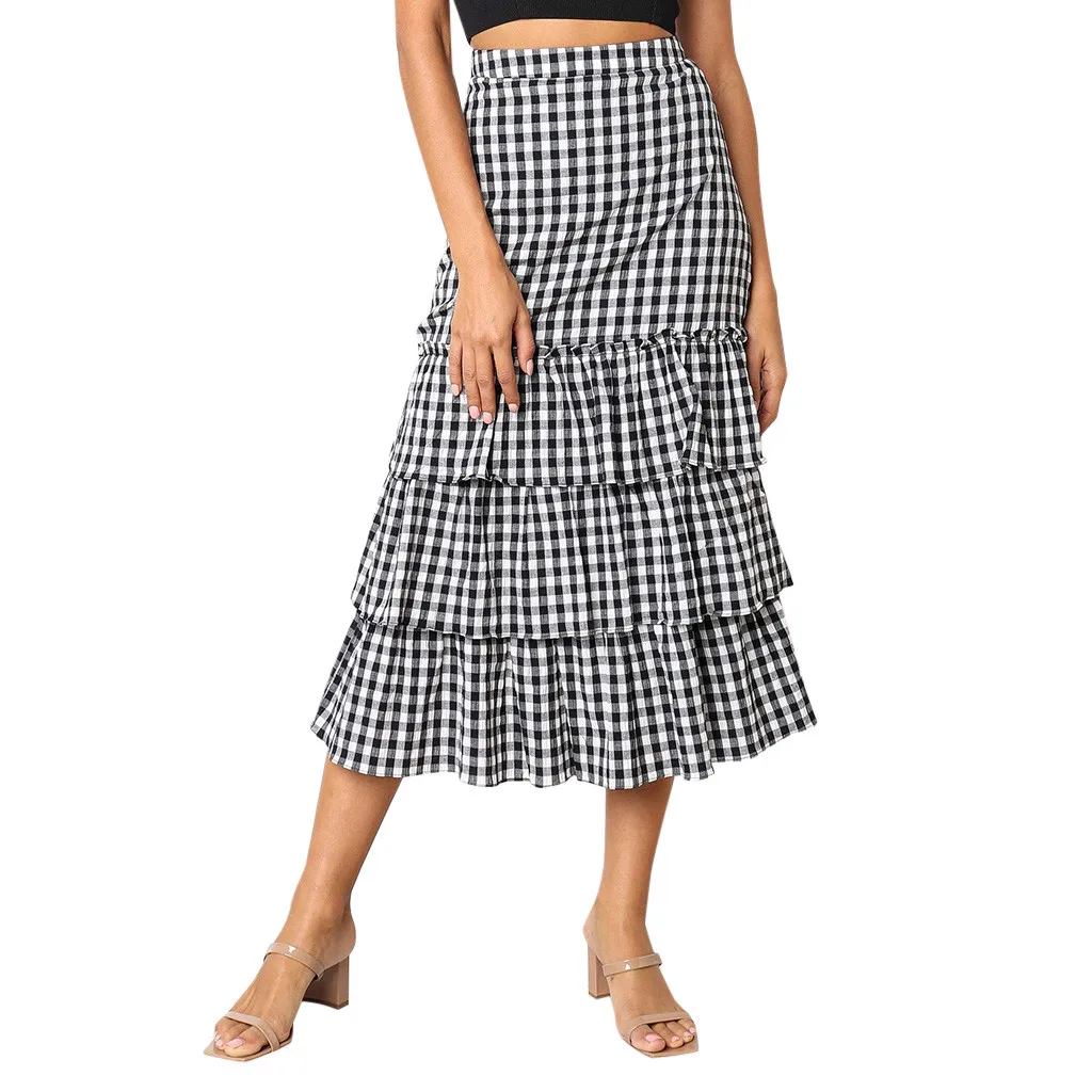 

KLV 2019 Women Plaid Printing Party Chiffion High Waist Lace-up Hip Long Skirt free shipping D4