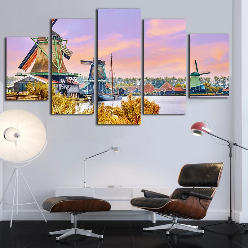 Holland Windmill 5 Panels Canvas Paintings Home Decoration Wall Art