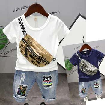 

Summer Fashion New Baby Boys Clothes Children's Cotton Printed T Shirt Kids Tracksuits Baby Short Sleeve T Shirt+jeans 2pcs Suit