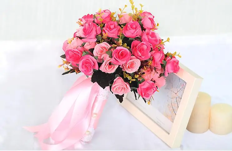 Розовый Красный Белый Свадебный букет ручной работы искусственный цветок Роза buque casamento Свадебный букет для свадьбы - Цвет: photo