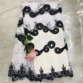 

French lace fabric black and white beads party dress lace african lace fabric with stones 5 yards per lot