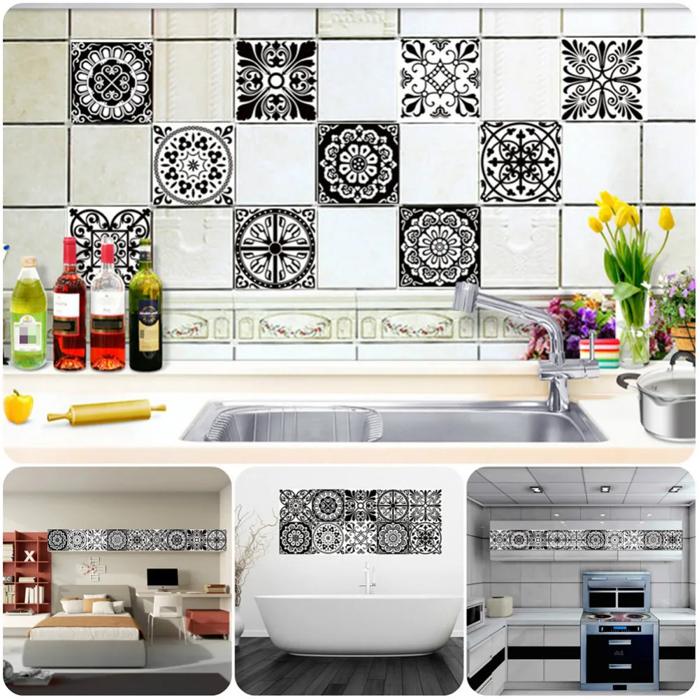 10pcs/set Retro Tiles Stickers Black Waterproof Bathroom Kitchen Wall Stickers Home Decor Decal 20x20cm adesivo de parede 10pcs/set Retro Tiles Stickers Black Waterproof Bathroom Kitchen Wall Stickers Home Decor Decal 20x20cm adesivo de parede
