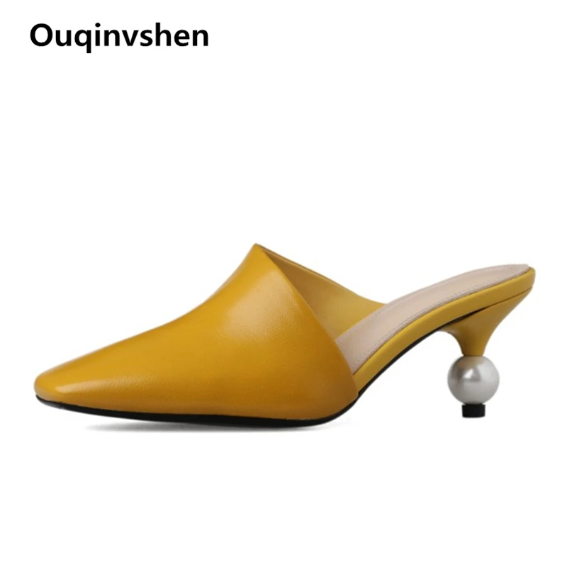 Ouqinvshen Square Toe Women Slippers Summer Yellow Fashion Outdoor Rubber Mules High Heels Genuine Leather Shoes Woman 2019 Ouqinvshen Square Toe Women Slippers Summer Yellow Fashion Outdoor Rubber Mules High Heels Genuine Leather Shoes Woman 2019