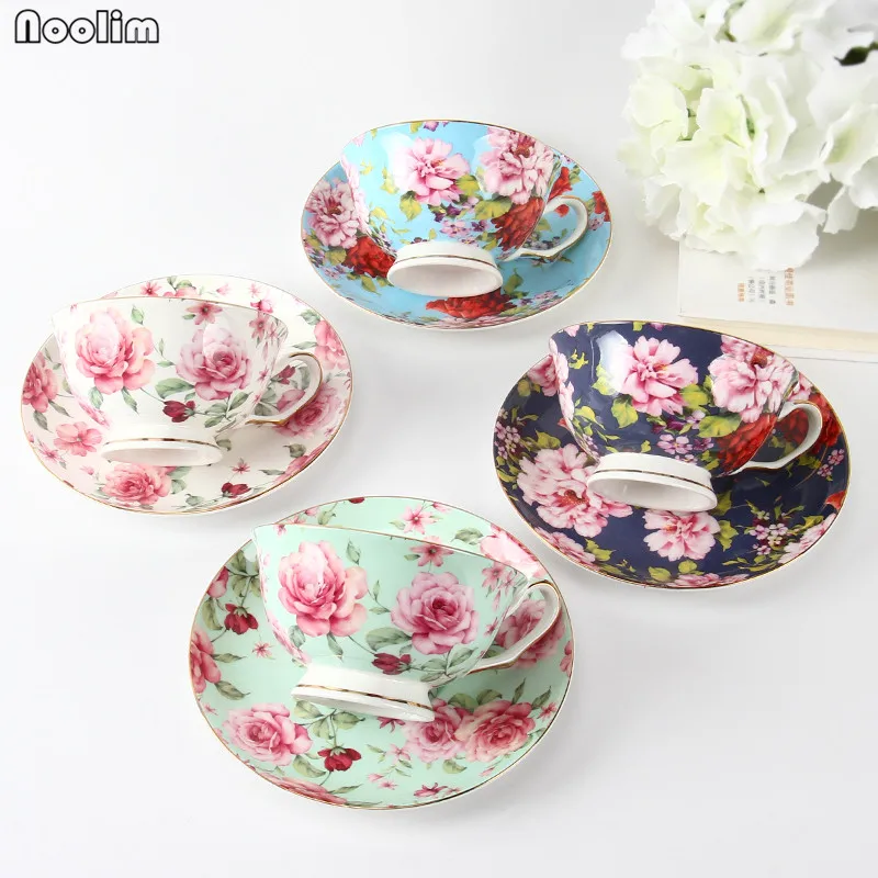 

NOOLIM Luxury Bone China Coffee Cup And Saucer Spoon Set Ceramic 200ml Advanced Peony Porcelain Tea Cup Tray