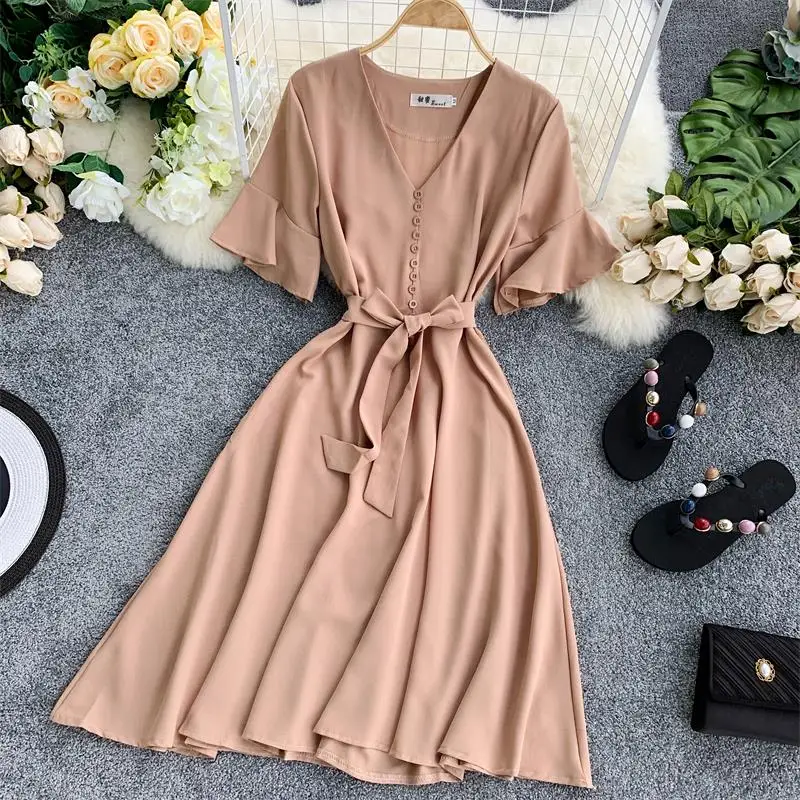

2019 new fashion women's dresses Summer dress solid color temperament flare sleeve V-neck single-breasted