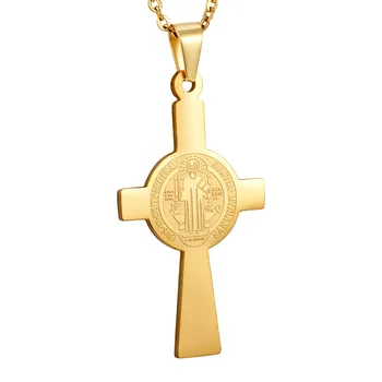 

SOITIS Catholic Medallion Saint Benedict Necklace Church Christian Cross Round Cross Religion Pendants Gold Color