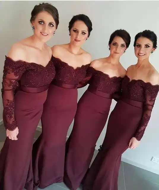 burgundy off the shoulder bridesmaid dress