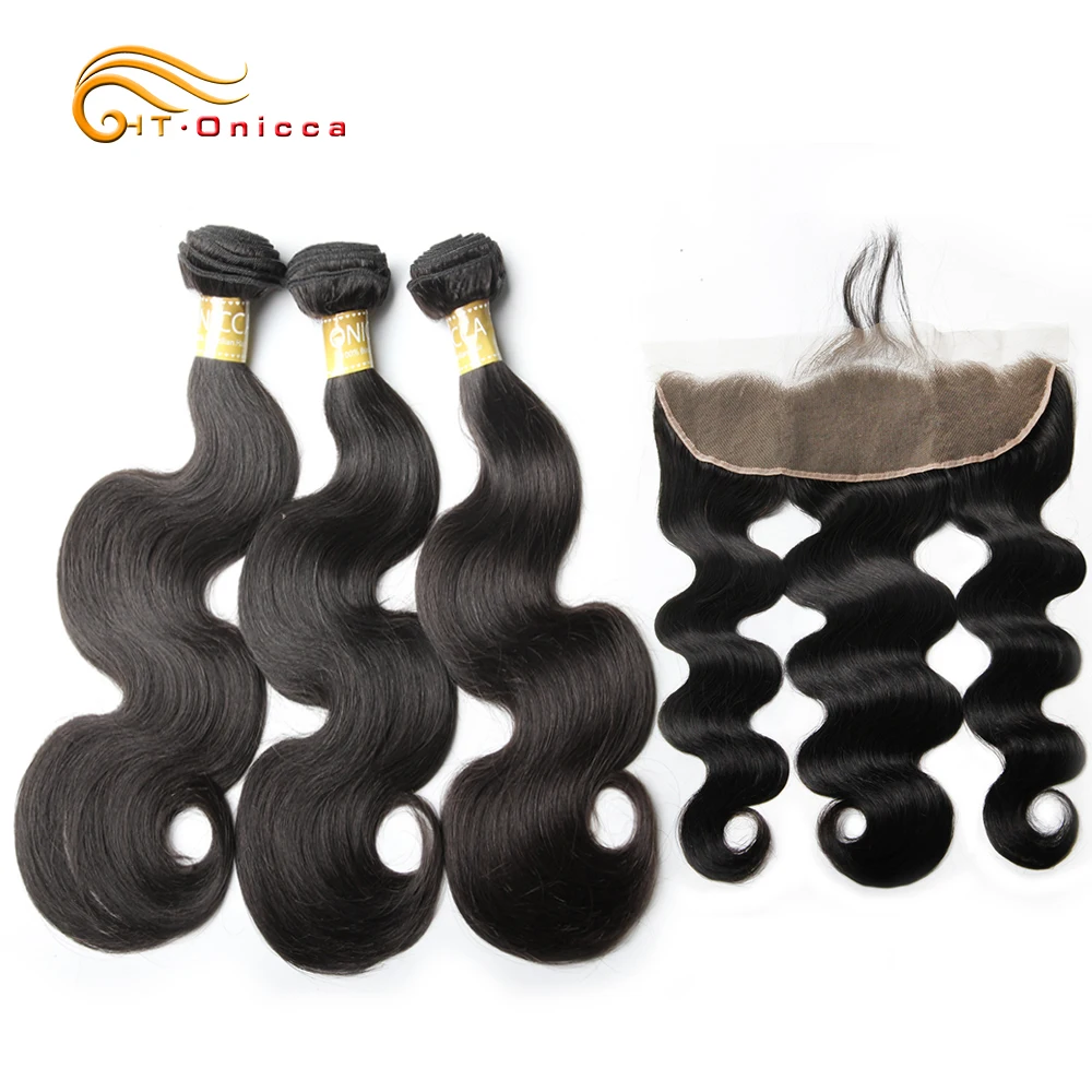 

Onicca Body Wave Bundles With Frontal Brazilian Hair Weave Bundles 13x4 Lace Frontal With Bundles Non-Remy Human Hair Extensions