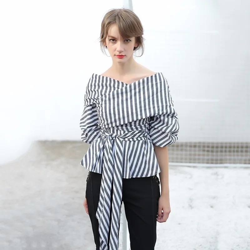 

TWOTWINSTYLE Slash Neck Shirt Womens Striped Off Shoulder Puff Sleeve Patchwork Lace Up High Waist Blouse Spring Summer Sexy Top