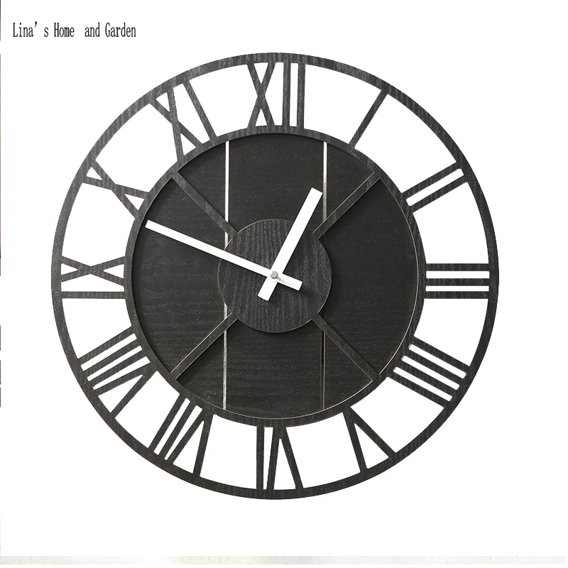 battery operation 16 inches round roman numeral wooden vintage wall clock (2)